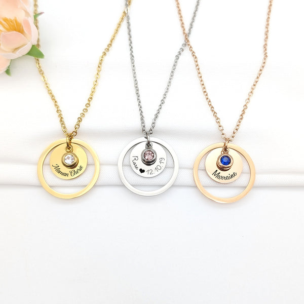 Collier Femme Personnalisé Médaille 15 mm & Pierre de Naissance