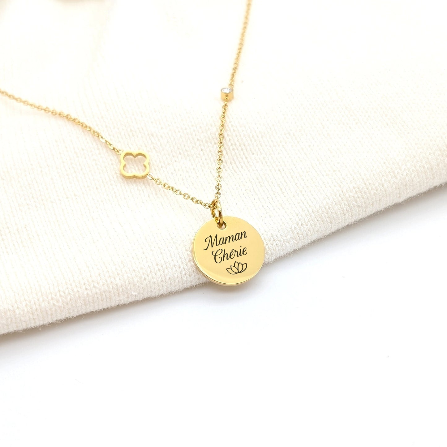 Collier personnalisé zirconium et fleur avec médaille, Collier pour Maman, Mamie, Marraine, Nounou, Cadeau naissance, Cadeau fête des mères
