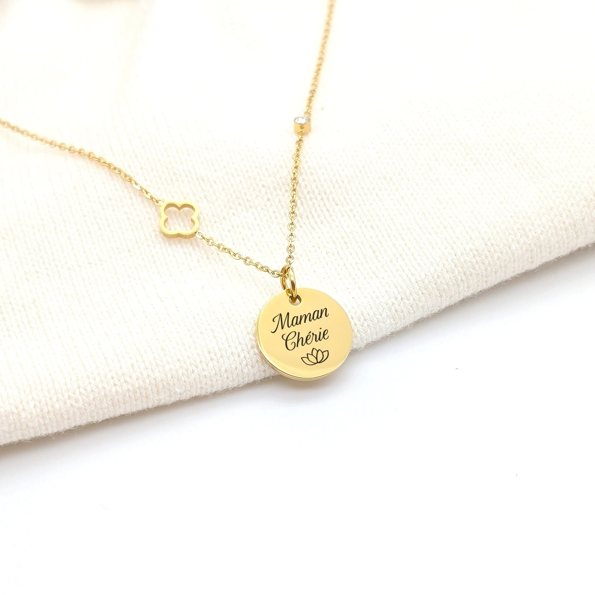 Collier personnalisé zirconium et fleur avec médaille, Collier pour Maman, Mamie, Marraine, Nounou, Cadeau naissance, Cadeau fête des mères