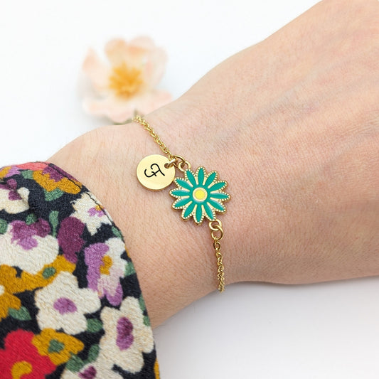 Bracelet femme personnalisé Fleur colorée et médaille, Cadeau Maman, Marraine, Cadeau Fête des mères, Cadeau Maîtresse, Cadeau naissance