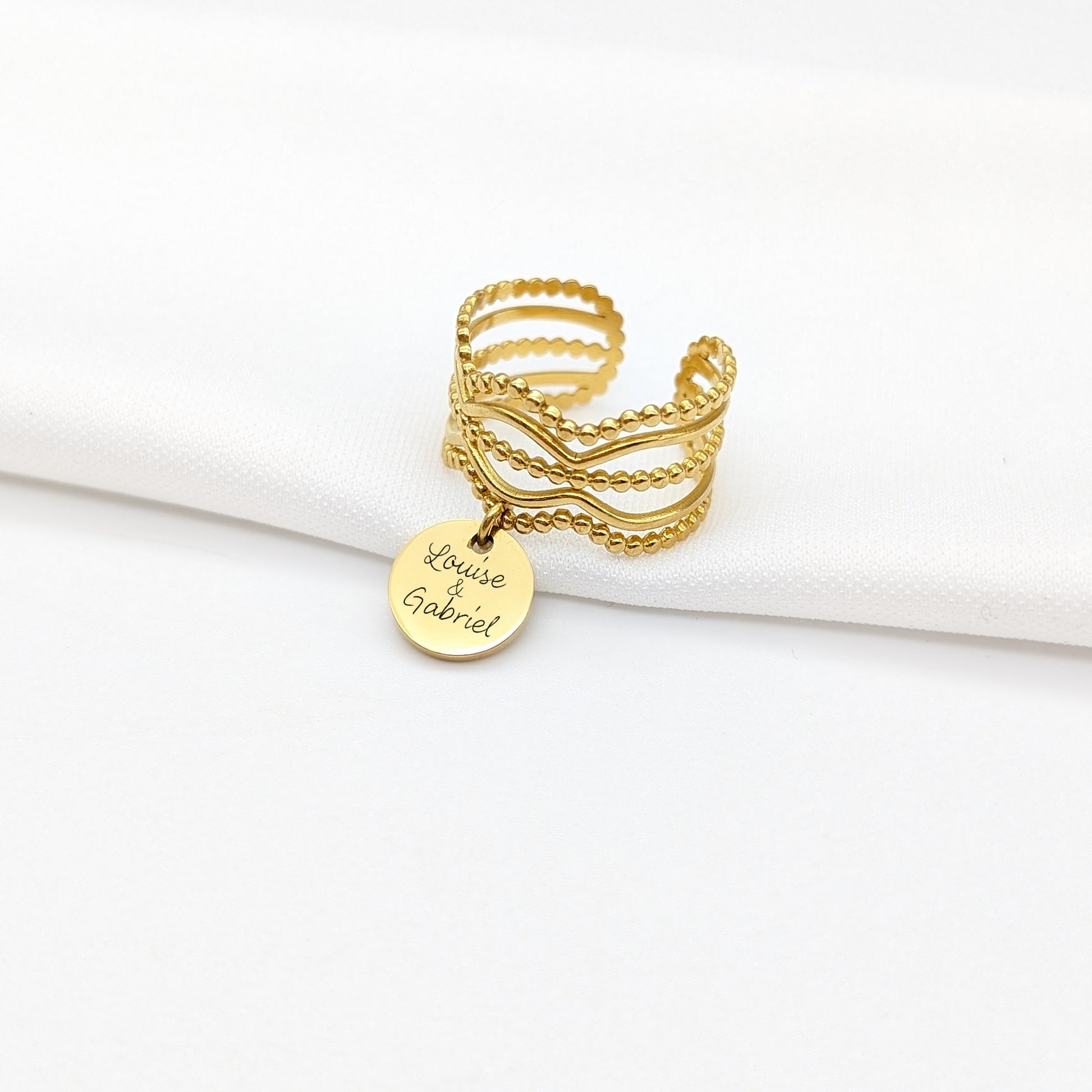 Bague ouverte personnalisée avec médaille gravée 15 mm • Bague acier, Bijou maman, Bague prénom, Cadeau fête des mères, Cadeau Marraine