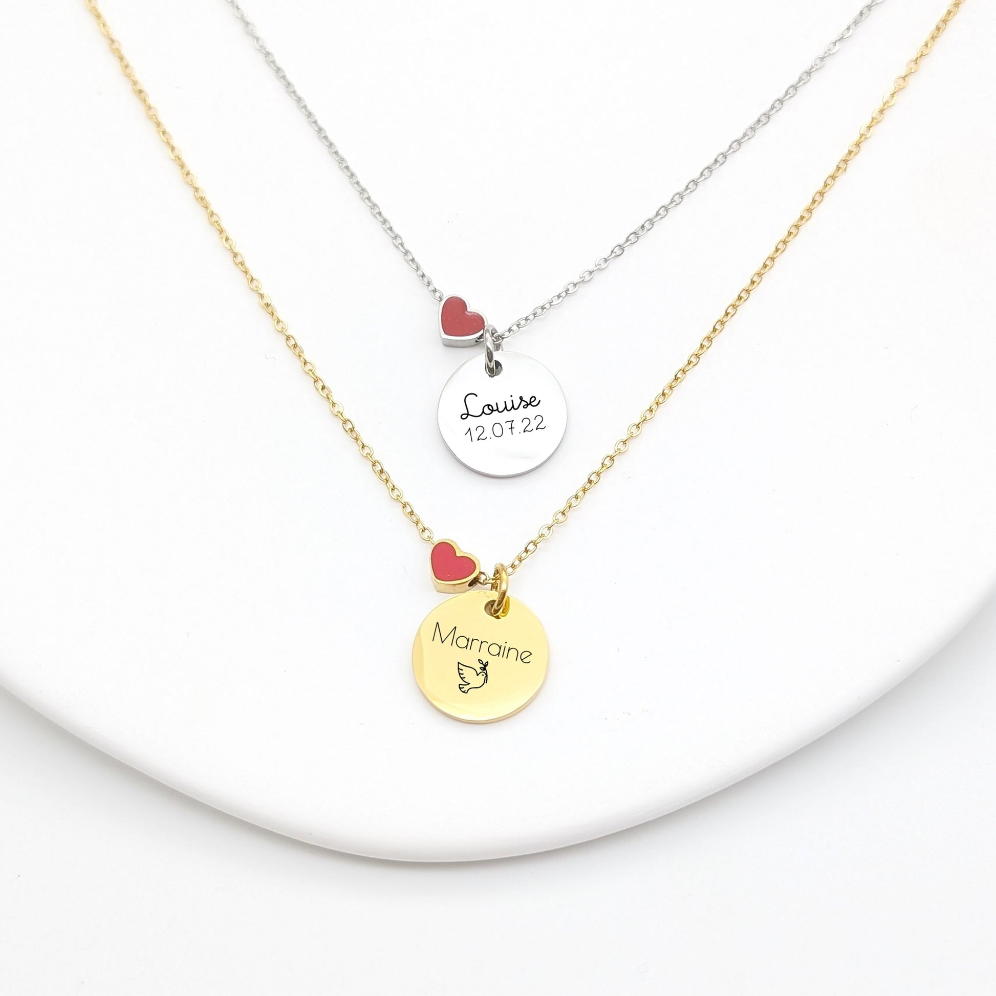 Collier personnalisé en acier avec cœur rouge émaillé • Collier pour Maman, Mamie, Marraine, Cadeau Naissance, Cadeau Fête des mères