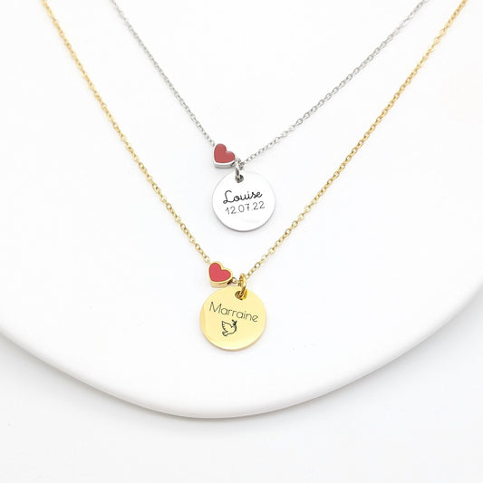 Collier personnalisé en acier avec cœur rouge émaillé • Collier pour Maman, Mamie, Marraine, Cadeau Naissance, Cadeau Fête des mères