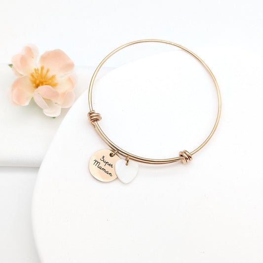 Bracelet jonc fermé avec médaille et nacre, Bracelet personnalisé, Cadeau Maman, Marraine, Nounou, Cadeau Naissance, Cadeau fête des mères