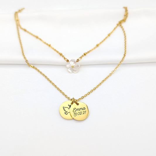 Collier Personnalisé double rangs médaille et fleur nacre, Collier Maman, Bijou Marraine, Cadeau Nounou, Cadeau naissance, Fête des mères