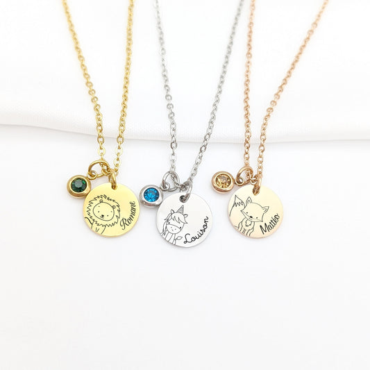 Collier enfant personnalisé animal, Collier prénom et pierre de naissance, Cadeau baptême, Cadeau Naissance, Cadeau grande sœur, Filleule