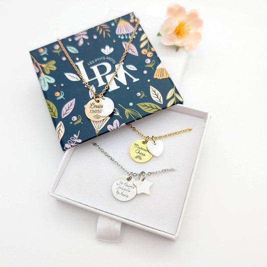 Collier personnalisé avec médaille acier inoxydable et nacre cœur • étoile - Cadeau Maman, Marraine, Cadeau naissance, Cadeau fête des mères