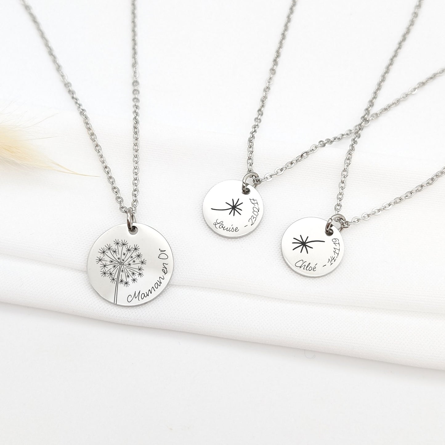 Collier personnalisé avec dessin de pissenlit et gravure. Ensemble de colliers à composer Mère et filles