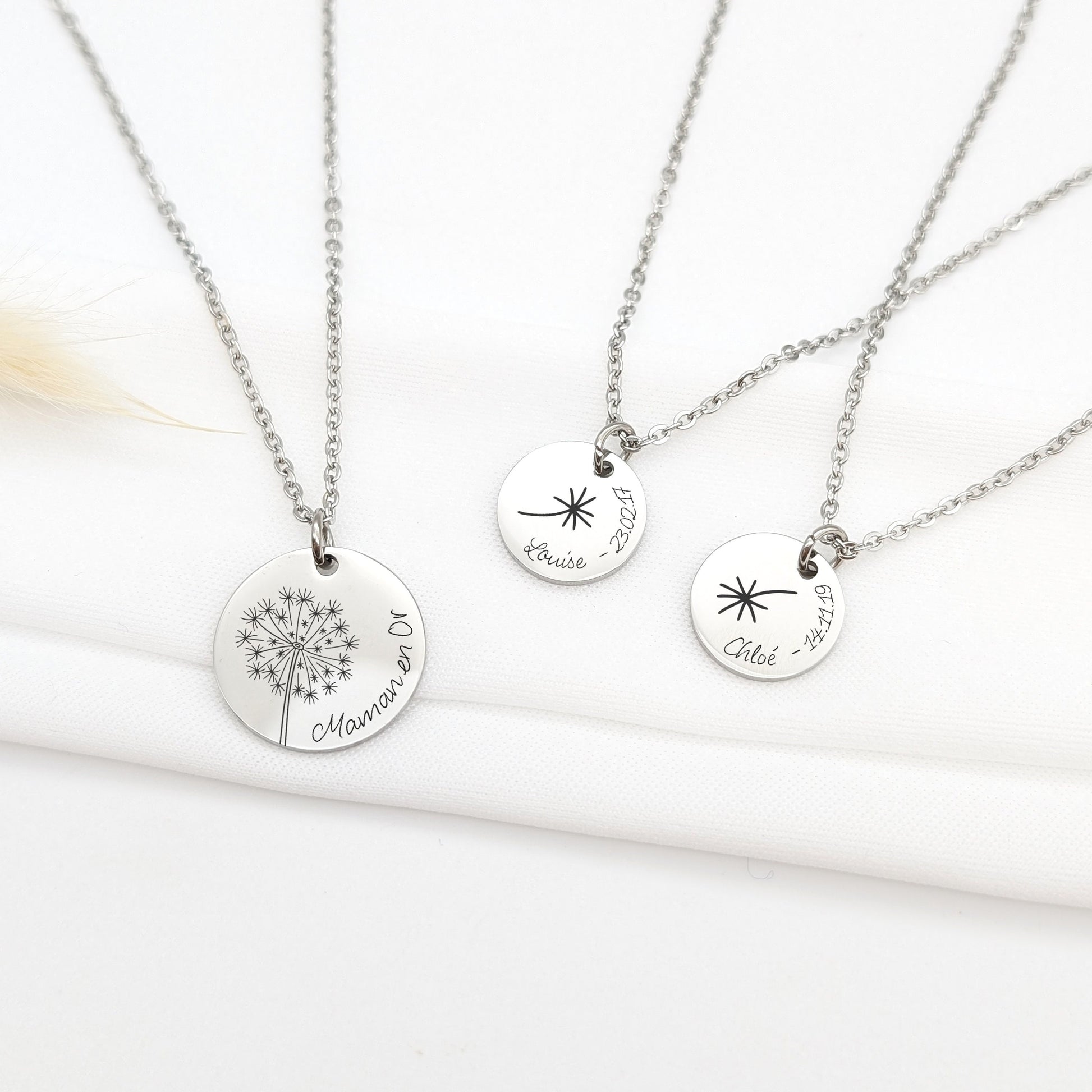 Collier personnalisé avec dessin de pissenlit et gravure. Ensemble de colliers à composer Mère et filles