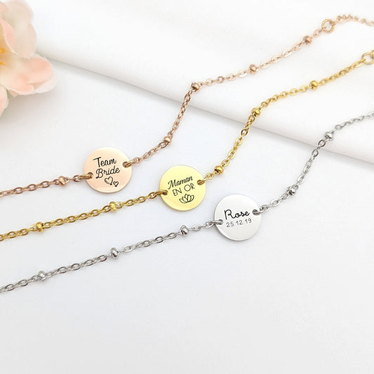 Bracelet personnalisé avec médaille à graver. Bracelet prenom, Cadeau Maman, Marraine, bijou Demoiselle d'honneur, cadeau Fête des mères
