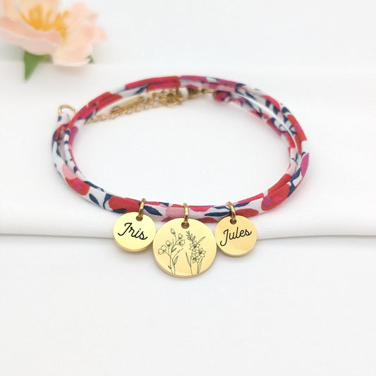 Bracelet Liberty Personnalisé avec fleur de naissance et prénom • Cadeau Maman, Marraine, Mamie, Cadeau naissance, Cadeau Fête des mères