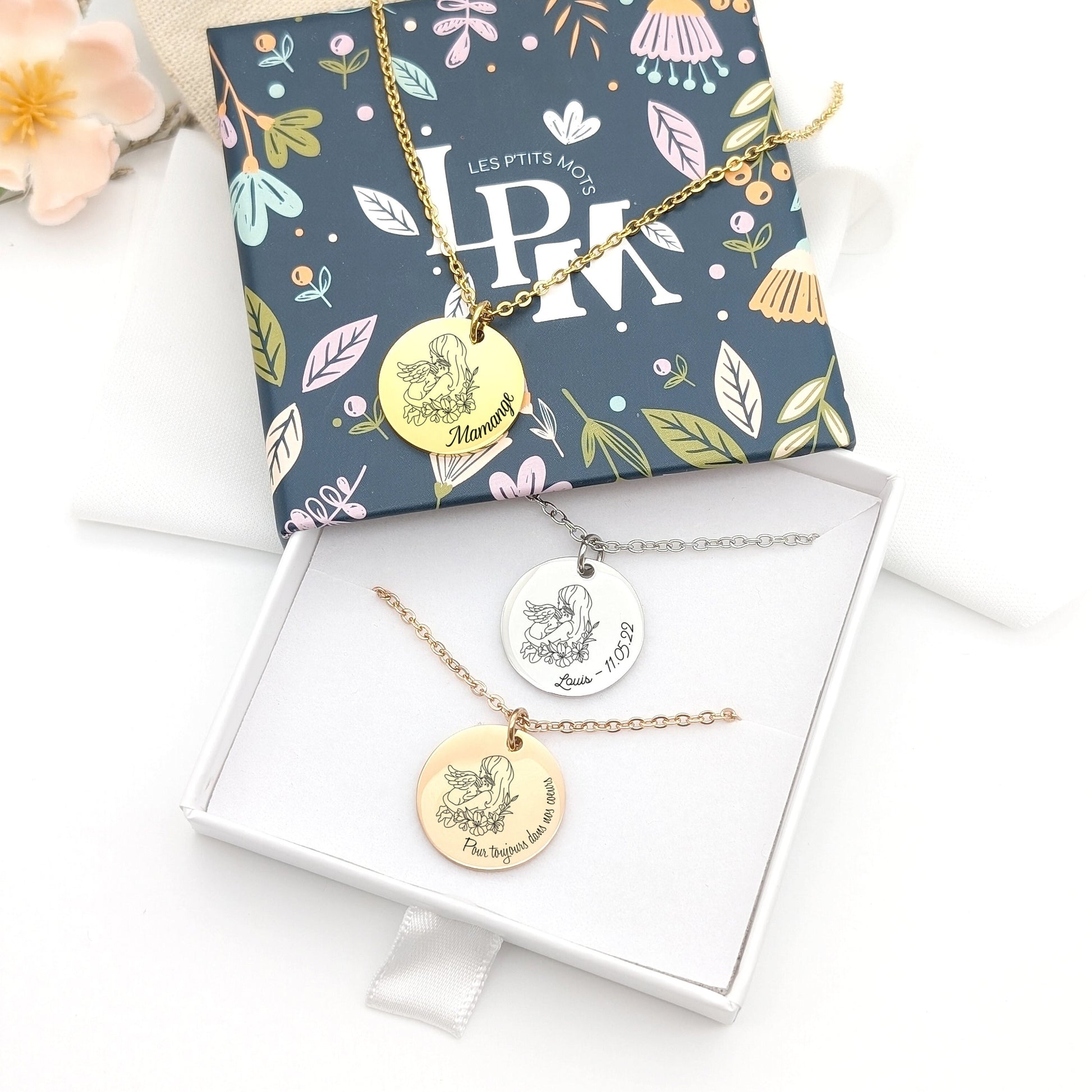 Bijou perte bébé, Collier Maman et bébé ange personnalisé, Bijou personnalisé, Bijou Mamange, Collier deuil périnatal, Bijou souvenir enfant