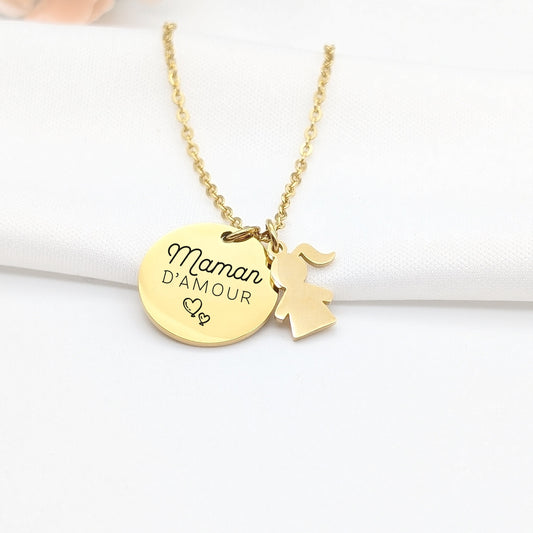 Collier Personnalisé Famille, Collier acier avec médaille gravée et breloque enfant, Cadeau Fête des mères, Bijou maman, Cadeau Naissance
