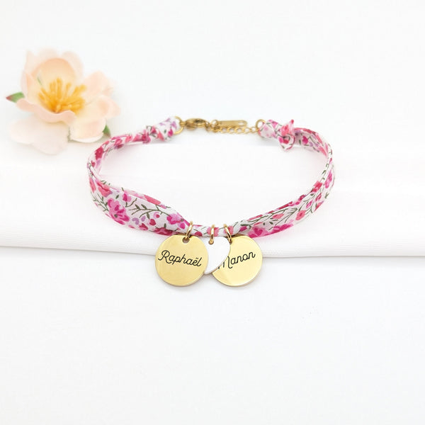 Bracelet Femme Personnalisé Ruban Liberty & Médaille Gravée 15 mm