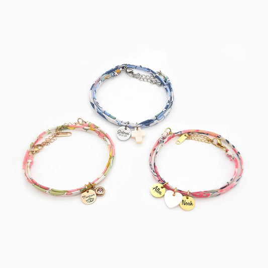 Bracelet personnalisable en liberty médailles gravées personnalisées de 10 mm et breloque au choix
