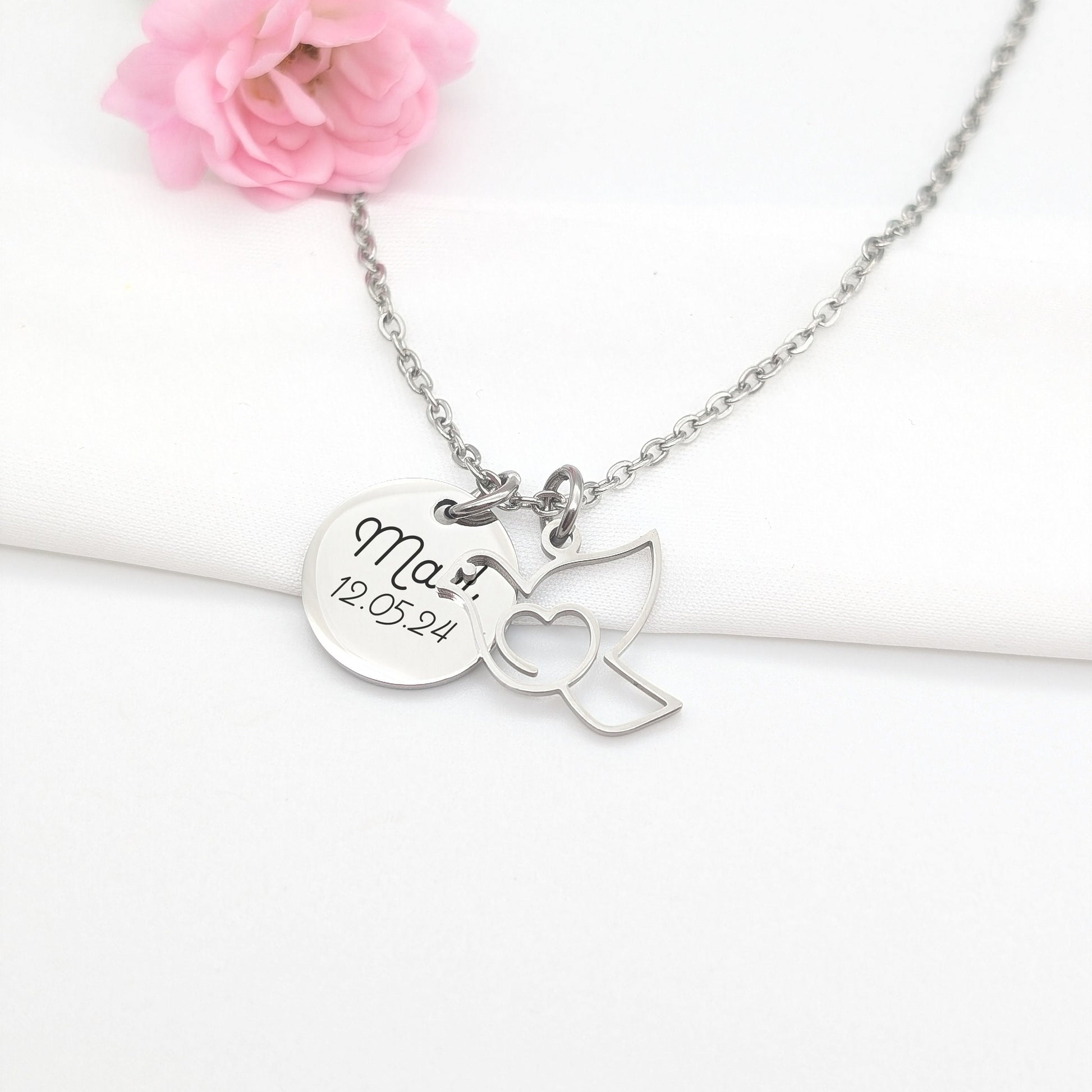 Collier personnalisé avec colombe et médaille en acier inoxydable - Cadeau Marraine, Bijou baptême, Cadeau naissance, Bijou Communion