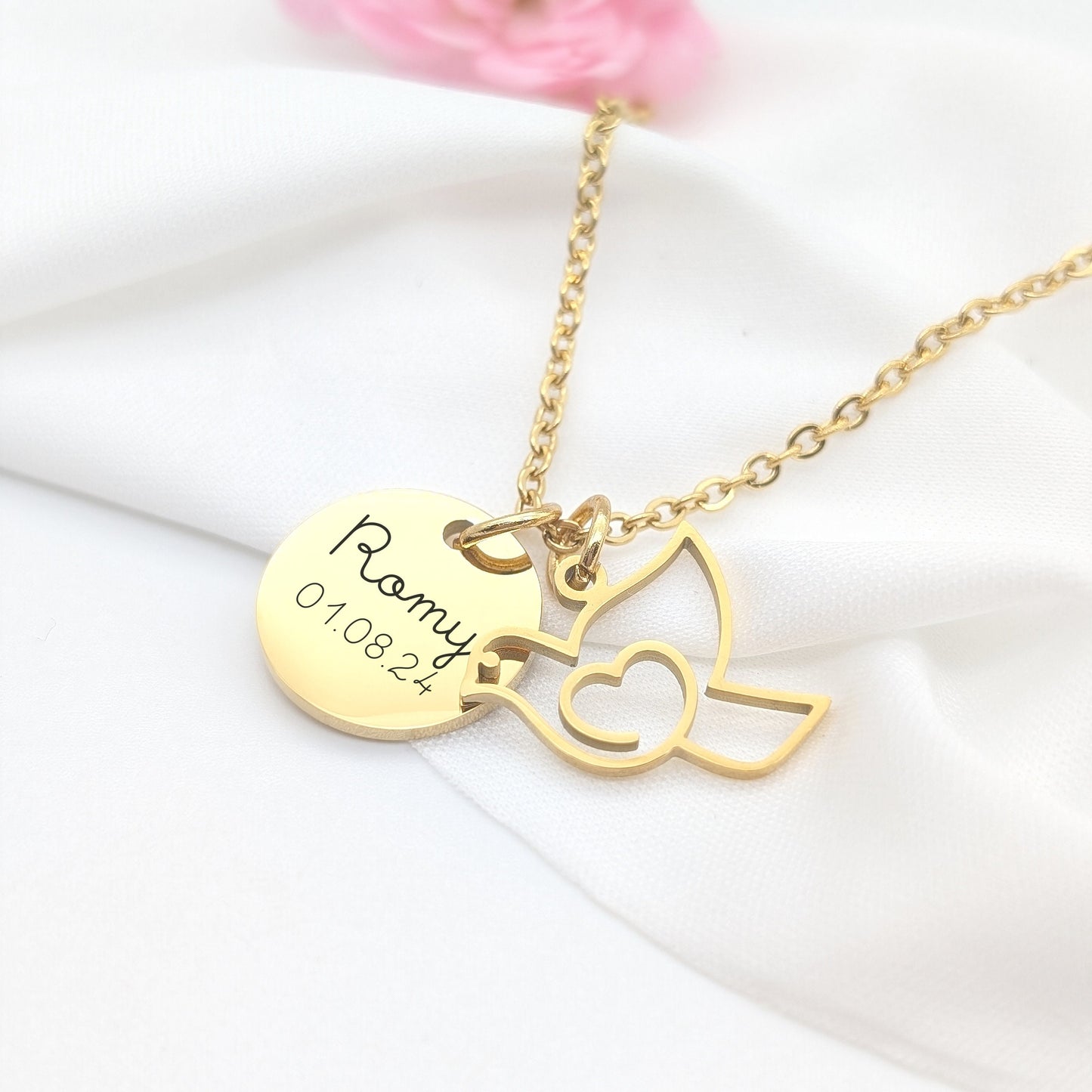Collier personnalisé avec colombe et médaille en acier inoxydable - Cadeau Marraine, Bijou baptême, Cadeau naissance, Bijou Communion