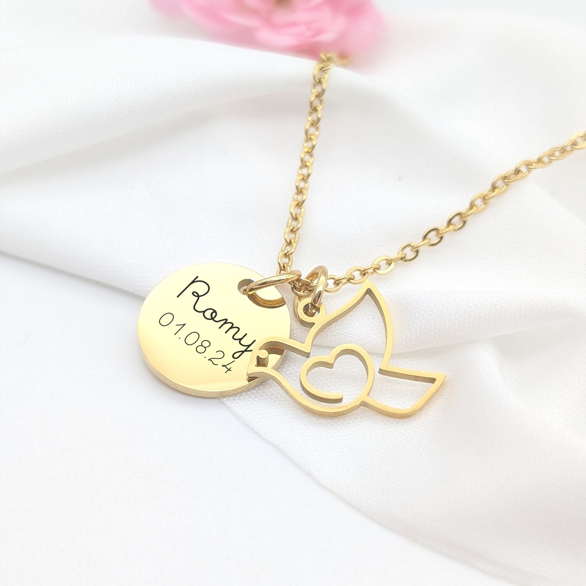 Collier personnalisé avec colombe et médaille en acier inoxydable - Cadeau Marraine, Bijou baptême, Cadeau naissance, Bijou Communion
