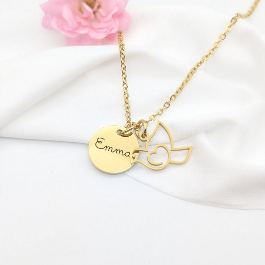 Collier personnalisé avec pendentif colombe et médaille personnalisable