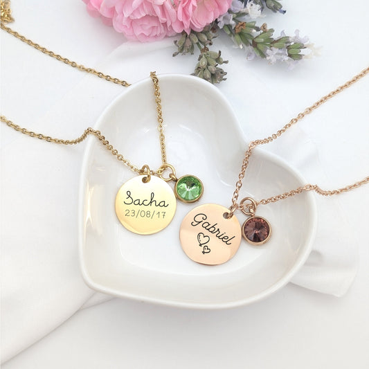 Collier personnalisé avec médaille en acier à graver et pierre de naissance