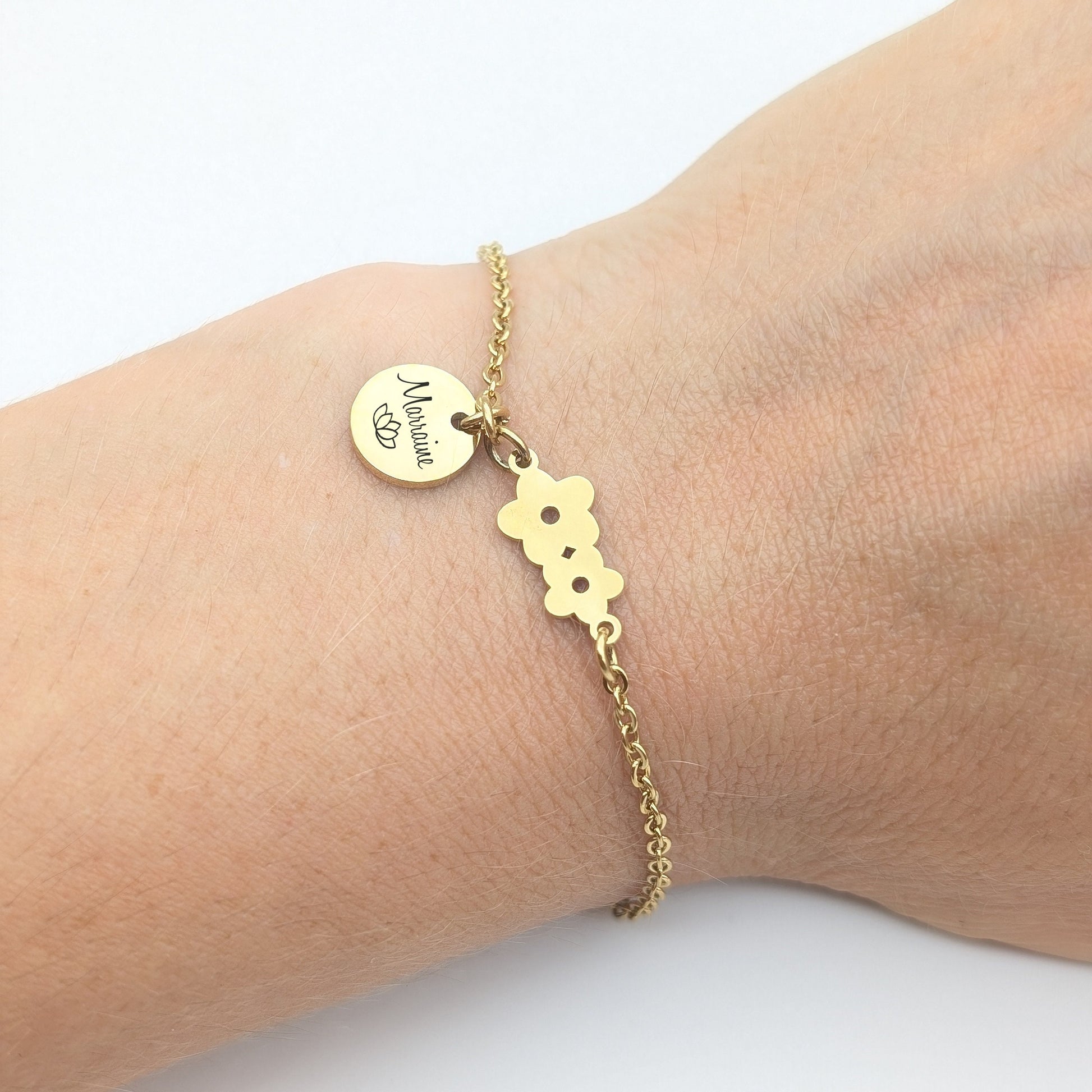 Bracelet personnalisé double fleurs et médaille à graver, Cadeau fête des mères, Cadeau Maman, Marraine, Cadeau naissance, Bijou Mère Fille
