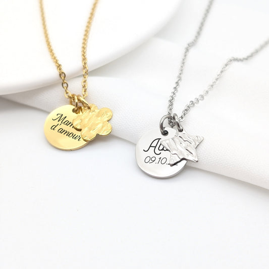 Collier personnalisé avec médaille acier inoxydable à graver et charm martelé au choix • étoile - Bijou Maman, Marraine, Mamie, Cadeau naissance, Cadeau Noël
