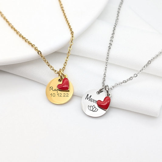 Collier personnalisé avec médaille en acier inoxydable et cœur émaillé rouge