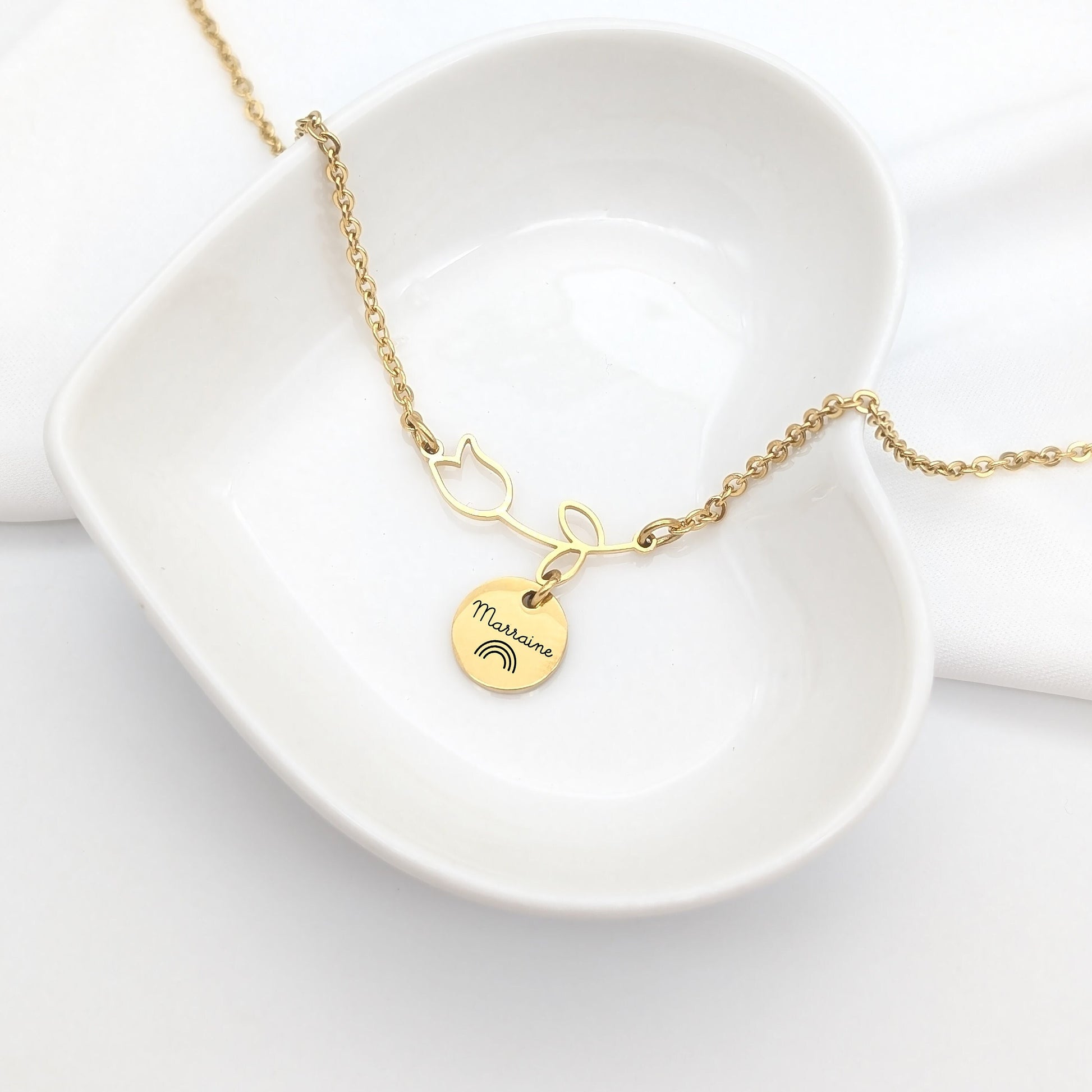 Collier personnalisé fleur tulipe acier inoxydable avec gravure médailles de 10 mm
