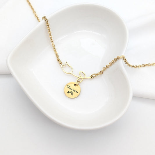 Collier personnalisé fleur tulipe acier inoxydable avec gravure médailles de 10 mm