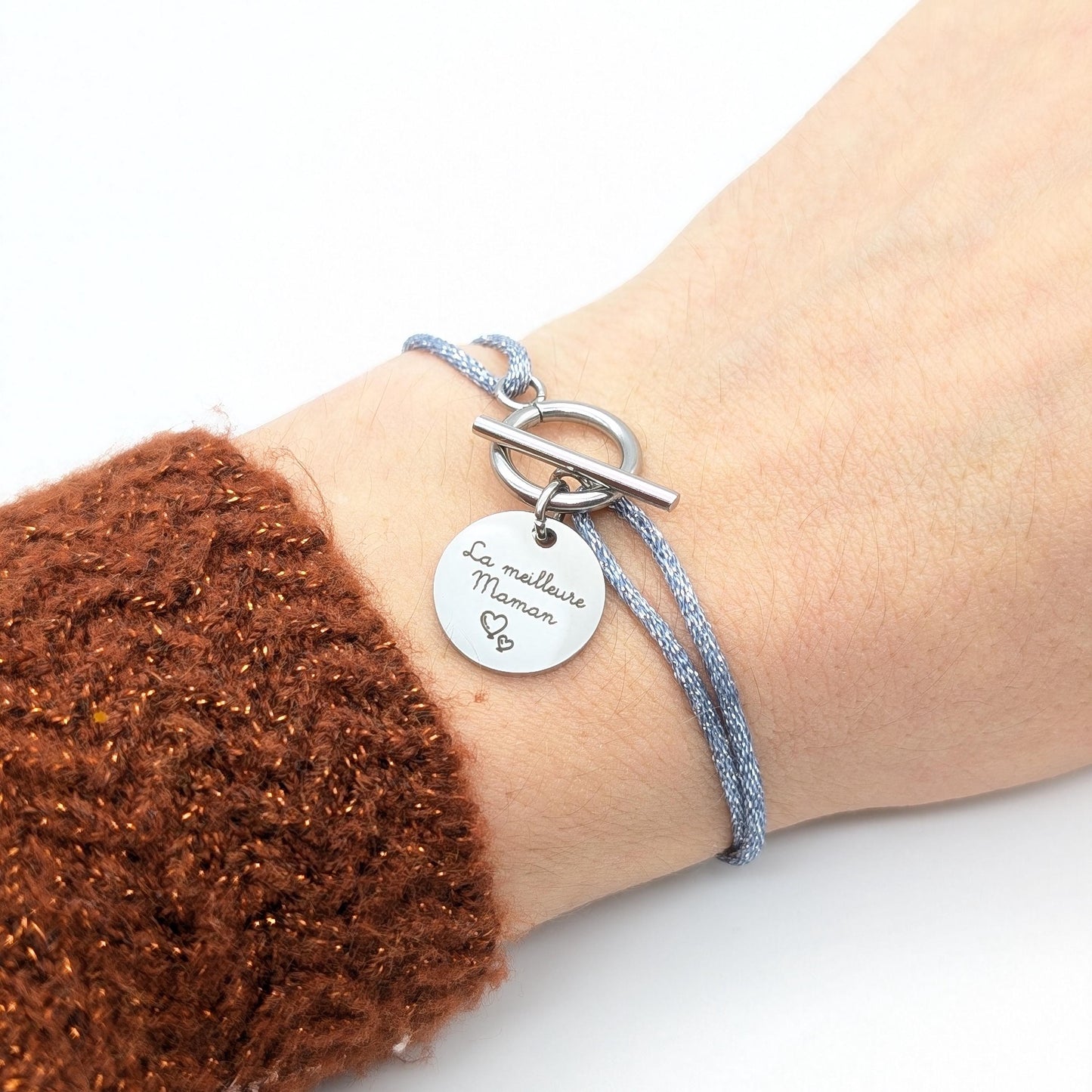 Bracelet personnalisé cordon pailleté fermoir T et médaille gravée, Cadeau Unique Maman, Marraine, Cadeau Noël personnalisé femme