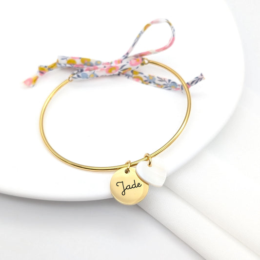 Bracelet personnalisé jonc acier et cordon Liberty médaille15 mm à graver, Cadeau Maman, Marraine, Bracelet prénom, Cadeau Noël Unique