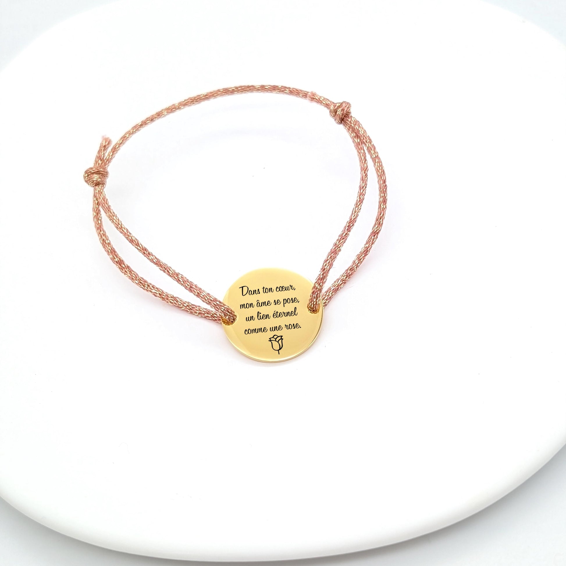 Bracelet femme personnalisé cordon pailleté et médaille ronde, Cadeau Unique Maman, Marraine, Bracelet prénom, Cadeau Noël personnalisé