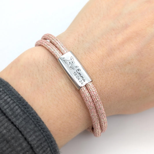 Bracelet personnalisé cordon et médaille en acier inoxydable.