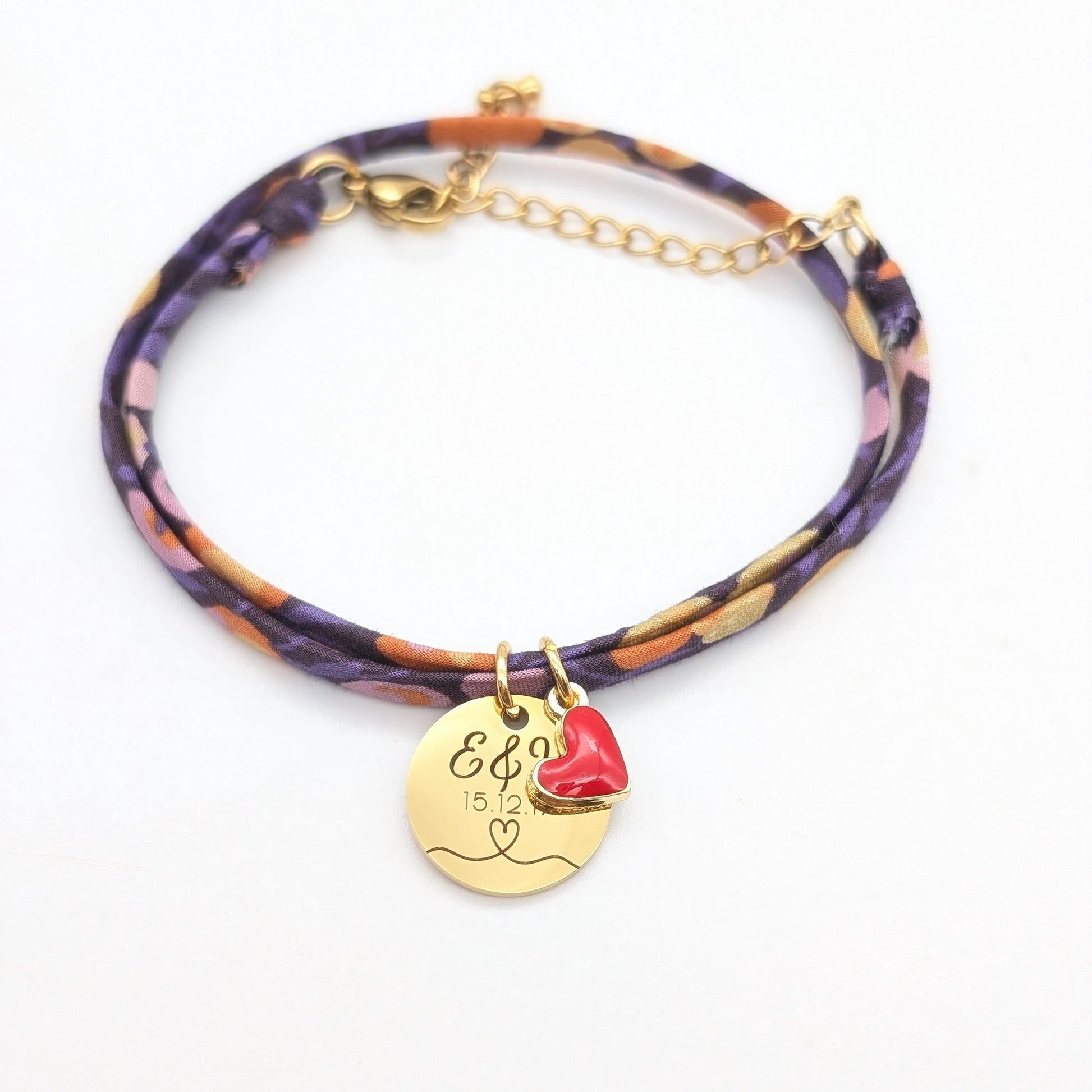 Bracelet personnalisé cordon Liberty médaille et cœur émaillé rouge, Cadeau Femme unique, Cadeau Saint-Valentin Femme, Cadeau Fête des mères
