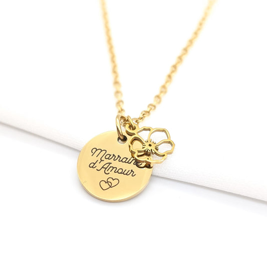 Collier Femme Personnalisé avec médaille à graver et fleur • Cadeau Maman, Marraine, Mamie, Cadeau Naissance, Cadeau Noël pour femme