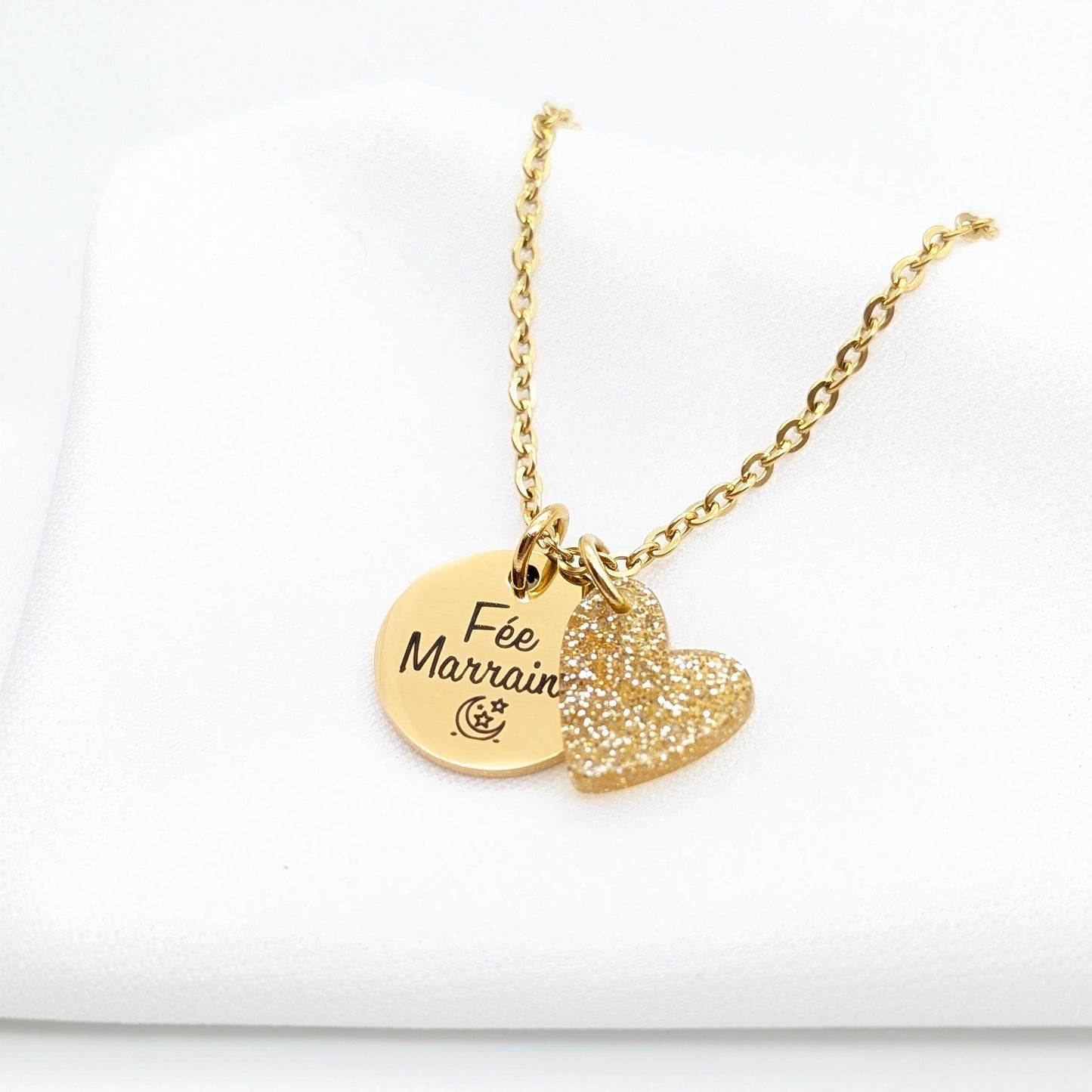 Collier personnalisé médaille gravée & charm cœur pailleté – Cadeau unique Noël, maman, marraine, amie, bijou personnalisé