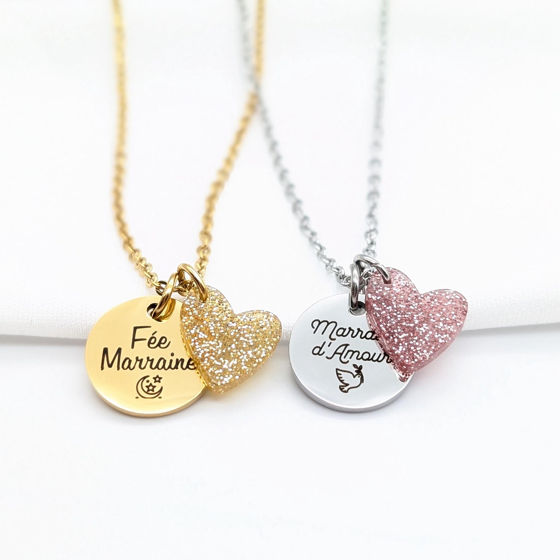 Collier personnalisé médaille gravée & charm cœur pailleté – Cadeau unique Noël, maman, marraine, amie, bijou personnalisé