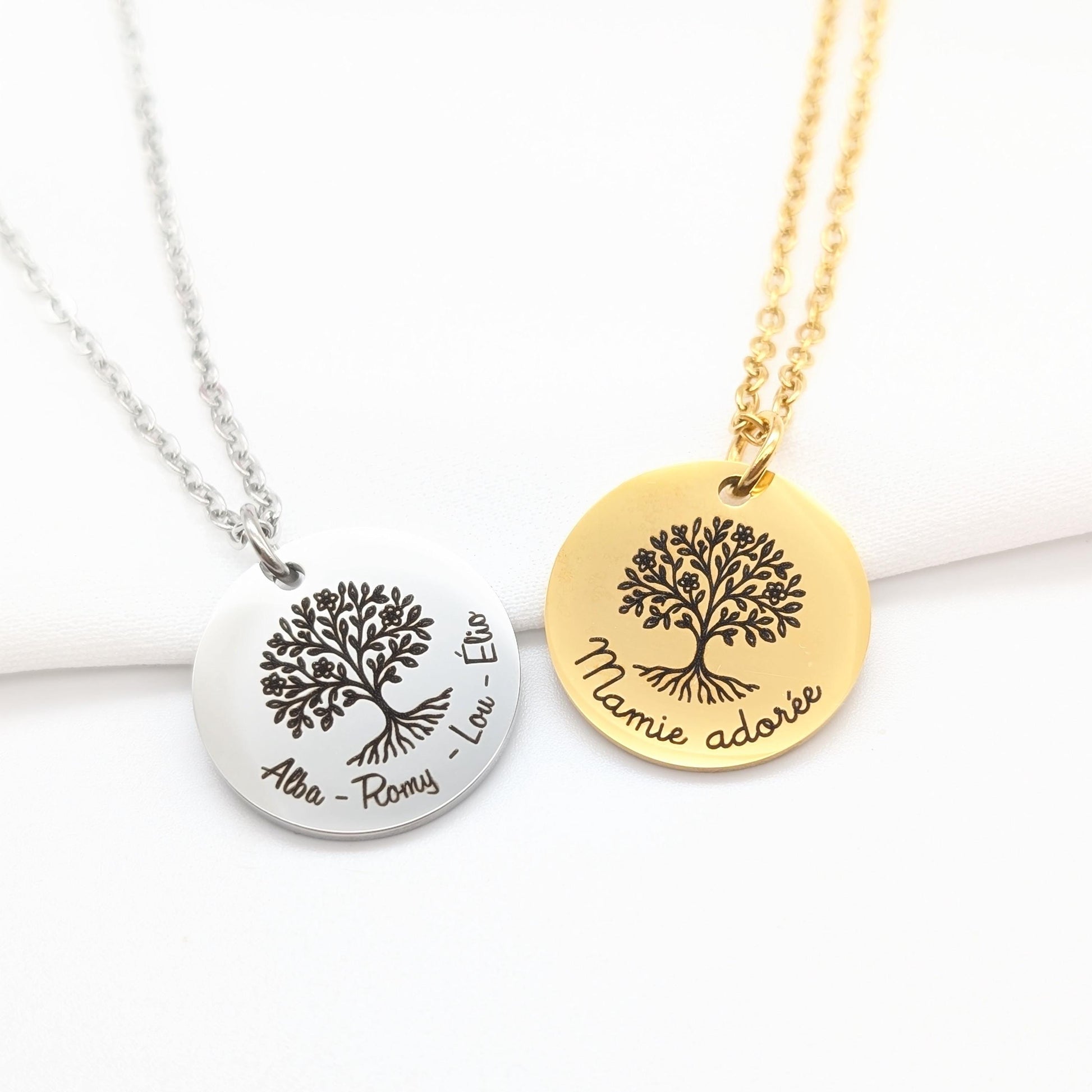 Collier personnalisé arbre de vie en fleurs , Cadeau Noël femme, Collier gravure prénoms, Cadeau Maman, Cadeau Mamie unique