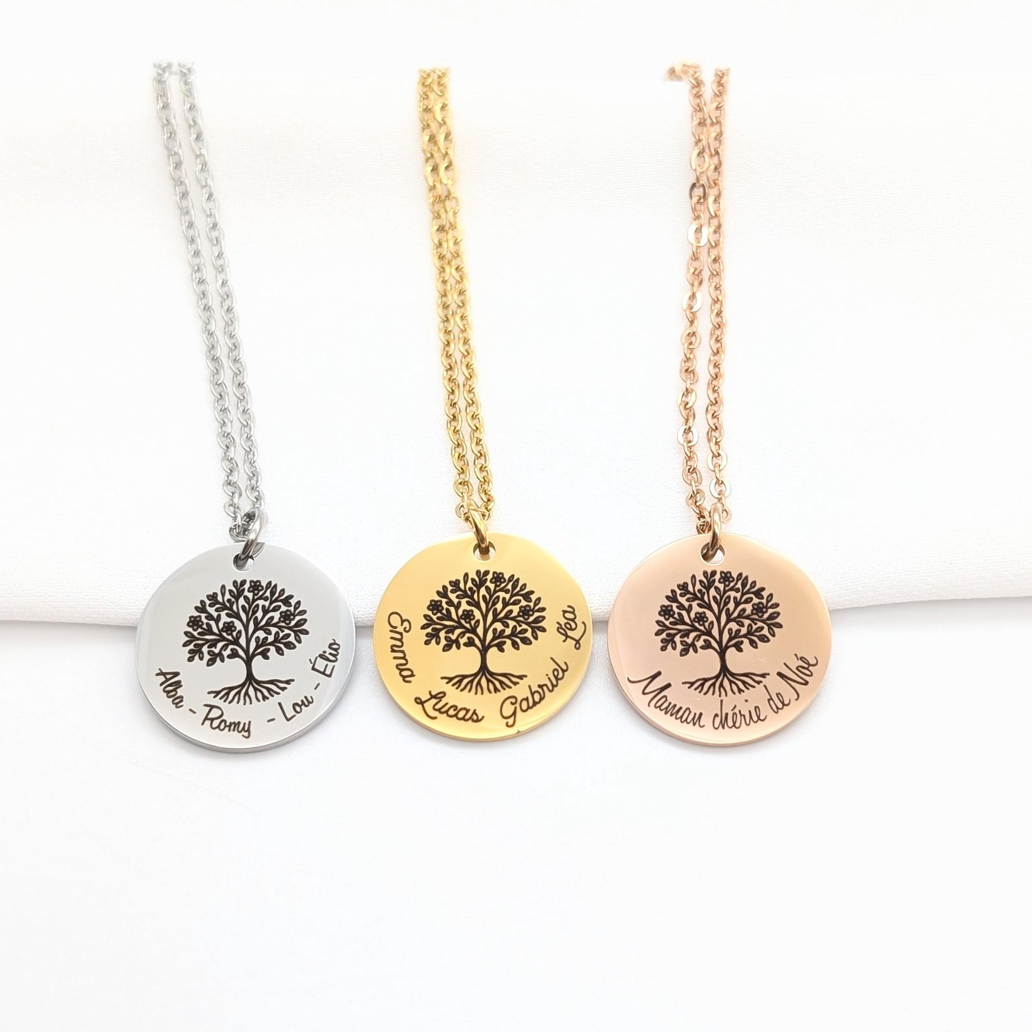 Collier personnalisé arbre de vie en fleurs , Cadeau Noël femme, Collier gravure prénoms, Cadeau Maman, Cadeau Mamie unique