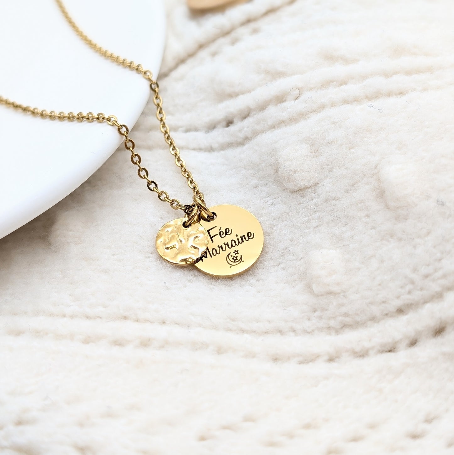 Collier personnalisé acier inoxydable avec breloque martelée et médaille à graver 15 mm