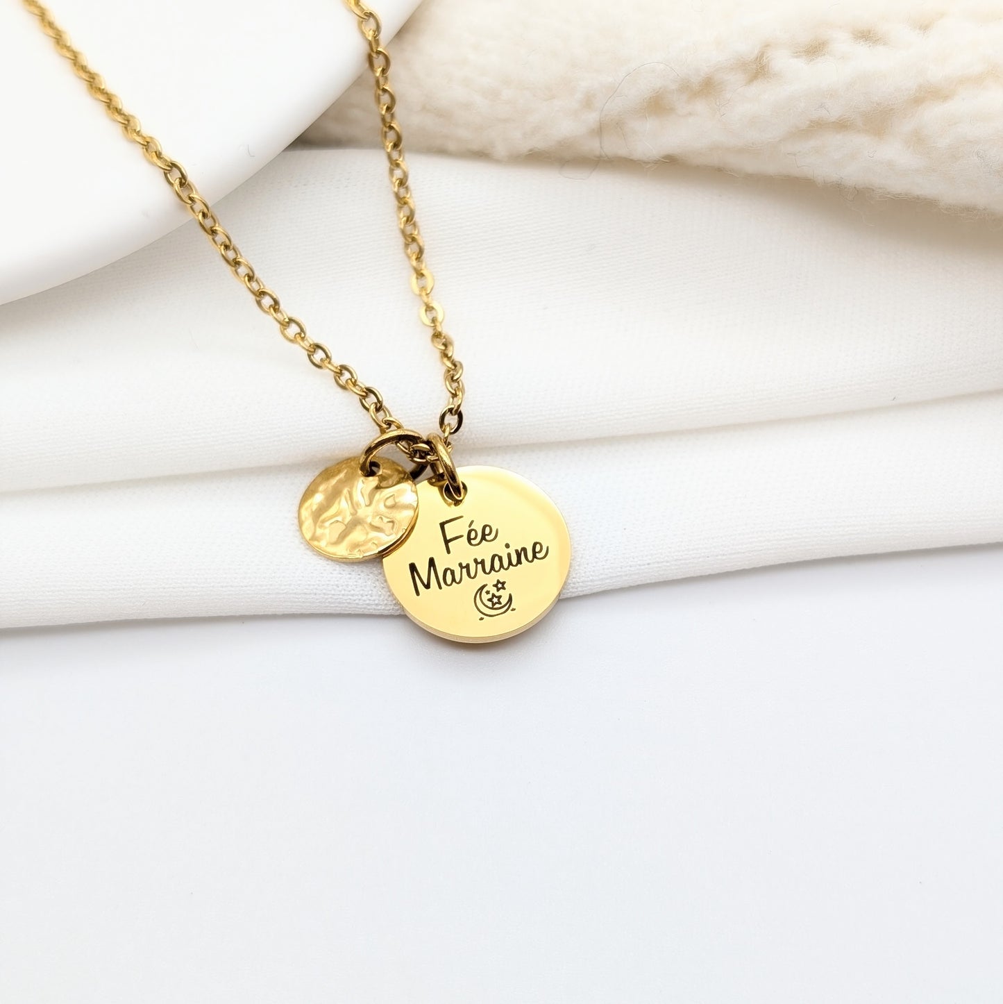 Collier personnalisé acier inoxydable avec breloque martelée et médaille à graver 15 mm